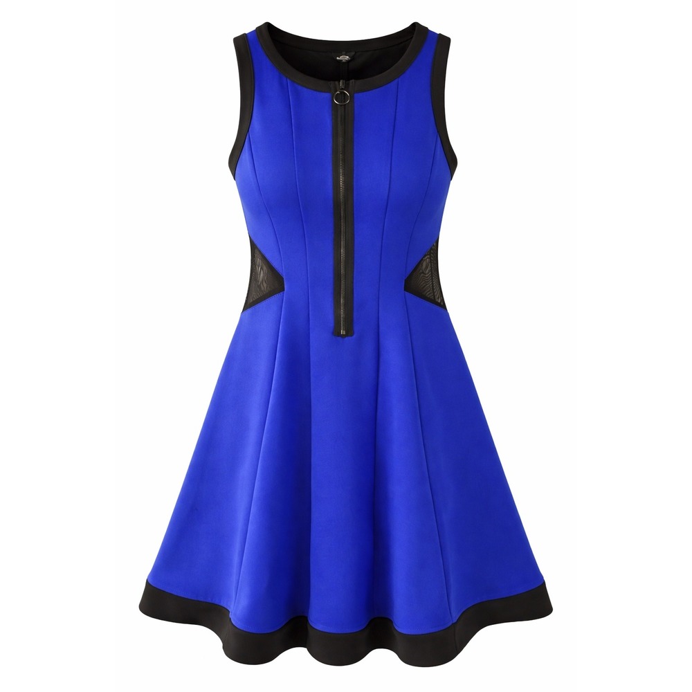 River Island Blue Black Fit Flare‎ Dress Zip Front Mesh Panels Size 10
